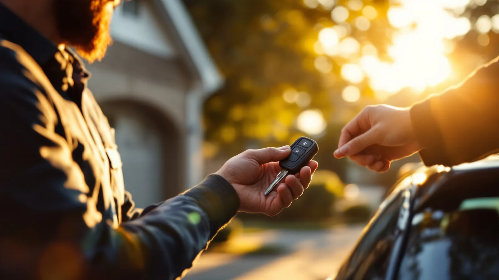 Technician handing a finished car key to a customer