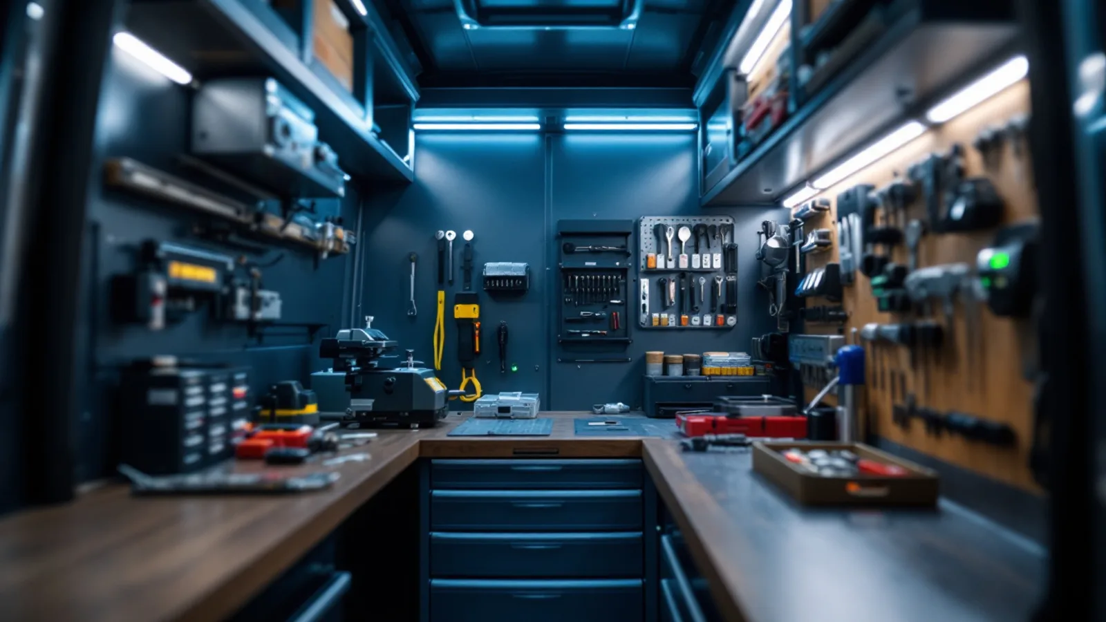 Inside the mobile locksmith workshop van with key machine and organized tools