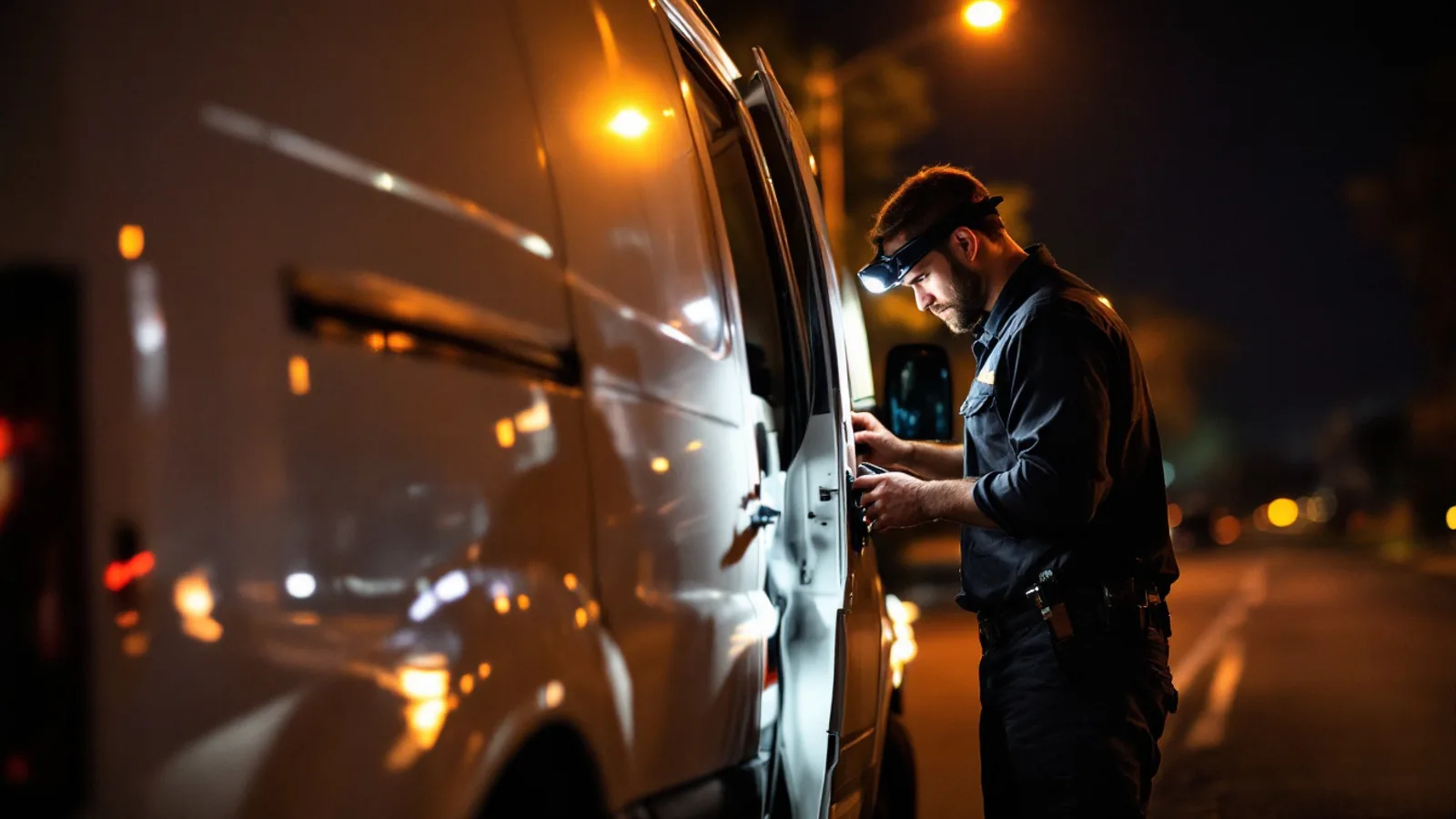 Locksmith unit working on a vehicle at night for 24/7 emergency service